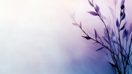 Delicate purple leaves rise softly against a light background, creating a serene and calming vibe. The tranquil moment captures nature's beauty during early morning hours.の素材