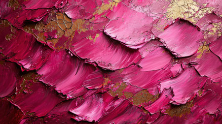 A dynamic composition showcases a textured surface with bold pink and gold paint applied in thick layers, creating an eye-catching visual effect. The vibrant colors blend beautifully.の素材