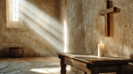 Warm rays of light stream through a window in a rustic chapel, casting a serene glow over a candle resting on a wooden table beside a wooden cross. The atmosphere is tranquil and reflective.の素材