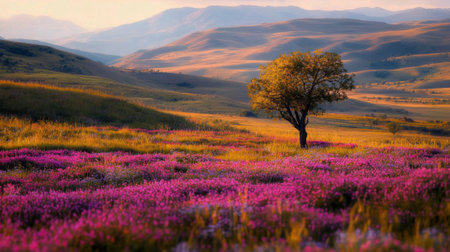 A vast meadow filled with blooming wildflowers in vibrant pink shades stretches out under the soft light of dusk, while a lone tree stands prominently in the landscape amid rolling hills.の素材