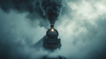 A vintage steam locomotive emerges powerfully from dense fog early in the morning. The scene evokes nostalgia, showcasing its billowing smoke against the backdrop of a mysterious landscape.の素材