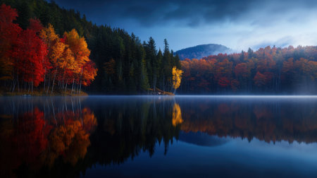 A serene lake reflects vibrant autumn colors from nearby trees as gentle mist rises in the early morning light. The mountain backdrop enhances the peaceful atmosphere.の素材
