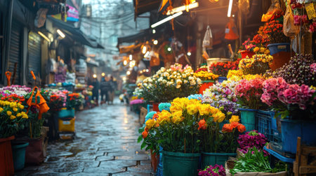 Vibrant blooms line a narrow market street, reflecting the damp atmosphere of a rainy day. Shoppers meander through the colorful flower stalls, enjoying the fragrant display.の素材