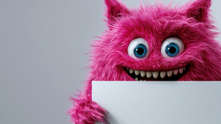 A cheerful pink monster with fluffy fur and large blue eyes holds up a blank sign, showing its wide smile. The setting features a simple, light-colored background emphasizing its vibrant colors.の素材