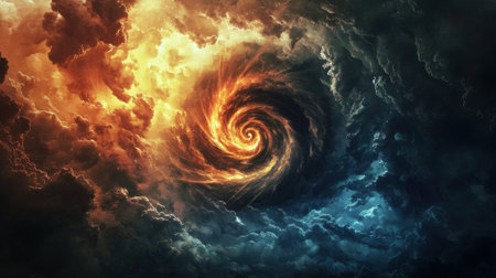 A captivating swirling vortex emerges from a mix of fiery orange and deep blue hues, evoking a sense of cosmic energy and mystery in a dramatic cloud formation.の素材