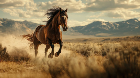 A strong horse races through golden fields, kicking up dust as it runs freely. The background features distant mountains and a vibrant sky, capturing a moment of wild beauty.の素材