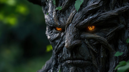 A captivating tree creature stands amidst lush greenery, its expressions fierce and mysterious. Glowing orange eyes add a sense of intrigue, reflecting the twilight ambiance.の素材