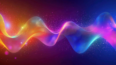 A mesmerizing play of colorful waves flows across the canvas, illuminated by bright lights and twinkling stars against a deep blue background, conveying a sense of energy and motion.の素材