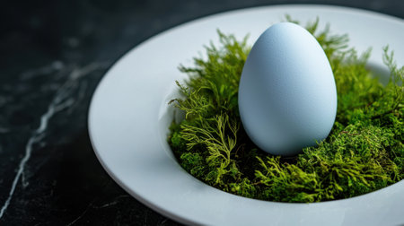 A delicate blue egg is positioned on a bed of lush green moss inside a sleek white plate. The serene atmosphere highlights the natural beauty of the arrangement, perfect for spring decor.の素材