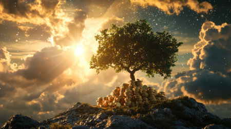 A majestic tree stands proudly on a mound of shining coins, bathed in the warm light of sunrise. Dark clouds contrast the bright sun, creating a magical atmosphere.の素材