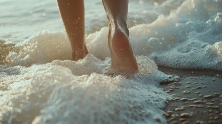 A person's feet are in the ocean water, with foam and bubbles surrounding them. Concept of relaxation and enjoyment of the beachの素材