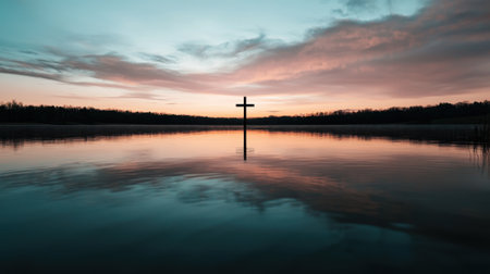 A peaceful lakeside scene showcases a wooden cross standing tall amid serene water, perfectly reflecting the vibrant colors of an evening sunset.の素材