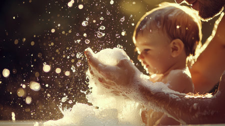 A baby is playing with bubbles in the water. The bubbles are floating in the air and the baby is holding them in his hands. The scene is playful and joyful, as the baby is enjoying the bubblesの素材