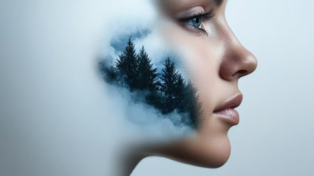 A young woman's profile showcases a creative visualization where a dense forest appears within her head. The serene environment blends seamlessly with her features, creating a dreamy atmosphere.の素材