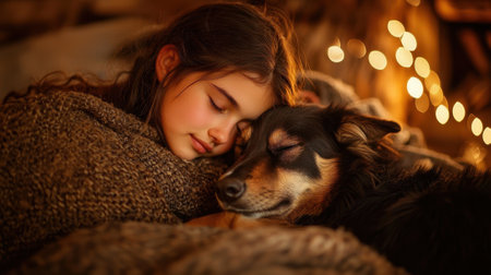 A girl is sleeping with her dog. The dog is laying on the girl's chest. The girl is wearing a sweaterの素材