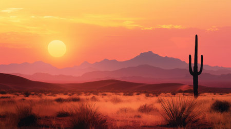 Vibrant colors light up the sky as the sun sets in the desert landscape, creating a serene atmosphere with cacti and distant mountains silhouetted against the horizon.の素材