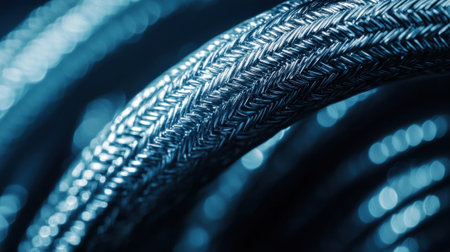 A wire is shown in a close up, with a lot of detail. The wire is silver and he is a type of cable. The image has a somewhat abstract feel to it, with the wire taking up most of the frameの素材