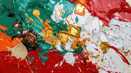 Vibrant splashes of red, green, gold, and other colors create an energetic abstract composition. The artwork showcases thick textures and dynamic movement, reflecting creativity and passion.の素材
