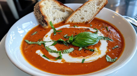 A tempting bowl of tomato basil soup features a swirl of cream and basil leaves. Freshly baked bread slices accompany the dish, enhancing its appeal in a cozy dining atmosphere.の素材