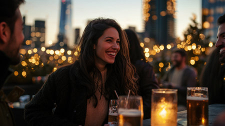Group of friends enjoying drinks at a rooftop bar, laughing and socializing while the sun sets, creating a warm atmosphere illuminated by city lights.の素材