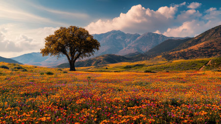 A stunning landscape features a large oak tree surrounded by a colorful array of wildflowers, with mountains rising majestically in the background during late afternoon.の素材