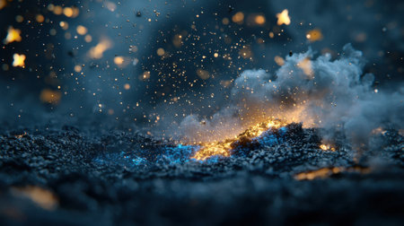 Shimmering formations rise from a dark terrain, illuminated by glowing blue and orange hues scattered across the surface. Sparkling elements enhance the otherworldly atmosphere.の素材