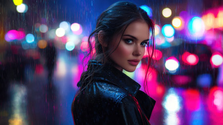 A young woman with wet hair gazes over her shoulder while standing on a lively city street. Colorful lights reflect in the rain-soaked pavement at night.の素材