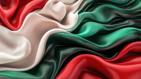 The Mexican flag showcases its iconic colors of green, white, and red, gracefully flowing in a silky fabric. The ripples create a sense of movement and celebration of national pride.の素材