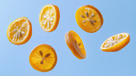 A close up of several orange slices in the air. The slices are floating and appear to be in motion. Concept of fun and lightheartedness, as if the oranges are having fun or dancing in the airの素材