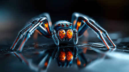 A spider with red eyes and orange legs is shown in a mirror. The spider is the main focus of the image, and the mirror adds a sense of depth and dimension to the scene. The spider's bright colorsの素材