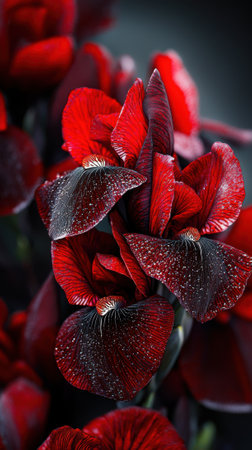 A close up of a red flower with black spots. The flower is surrounded by other red flowersの素材