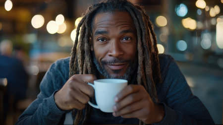 A man with dreadlocks is holding a white coffee cup. He is smiling and he is enjoying his coffeeの素材