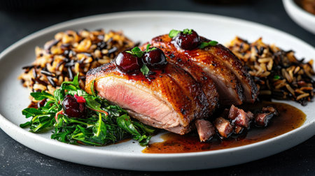 A plate of meat and rice with a sauce on top. The meat is sliced and the sauce is brownの素材