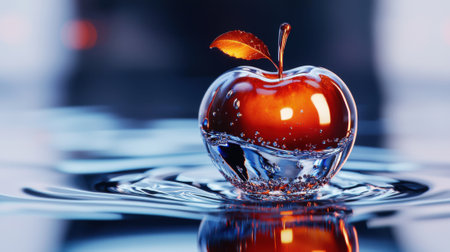 A red apple is floating in a glass of water. The apple is surrounded by bubbles, giving it a playful and whimsical appearance. Concept of fun and lightheartednessの素材