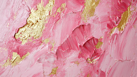 Abstract artwork features swirling shades of pink mixed with touches of gold. The textured surface highlights bold brush strokes that create depth and interest.の素材