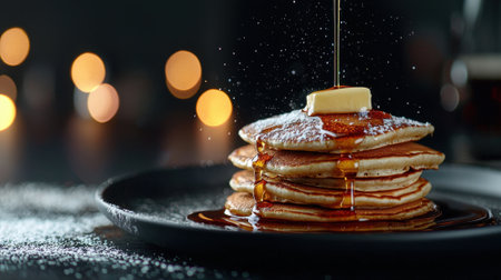 A stack of pancakes with butter and powdered sugar on top. The pancakes are piled high and drizzled with syrup. Concept of indulgence and comfort, as pancakes are often associated with breakfastの素材