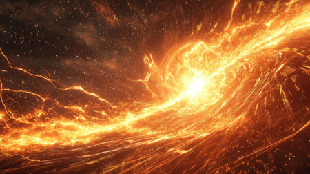 An energetic display of fiery waves can be seen as they radiate in vibrant orange and yellow hues against a dark cosmic backdrop, illustrating the powerful forces at play in the universe.の素材