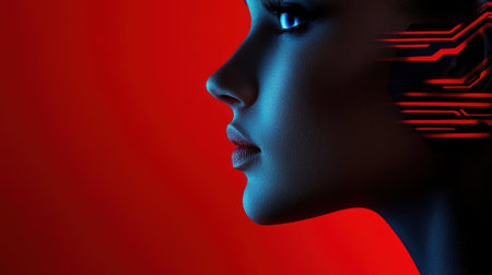 A woman's face is shown in a red background with a blue eye. The image has a futuristic and technological feel to itの素材