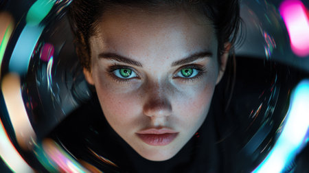 A woman with green eyes is looking into a camera. The image has a surreal, dreamlike quality to it, with the woman's face appearing to be distorted and the background featuring a swirlingの素材