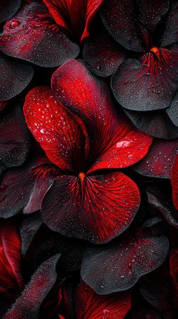 A close up of a bunch of red flowers with black veins. The flowers are drooping and have a wet look to themの素材