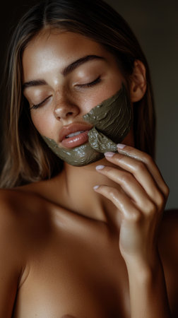 A woman with a green face mask on her face. She is holding her hand up to her faceの素材