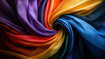A colorful piece of fabric with a rainbow pattern. The colors are vibrant and the fabric is twisted into a spiral shape. Concept of joy and celebrationの素材