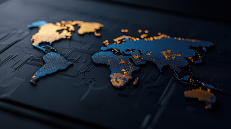 A modern representation of a world map features glowing continents in varying colors on a dark, textured background. This artistic piece highlights global connectivity and technology.の素材