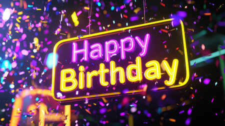 A vibrant neon sign illuminates the words Happy Birthday surrounded by colorful confetti, creating a joyful atmosphere for a birthday celebration.の素材