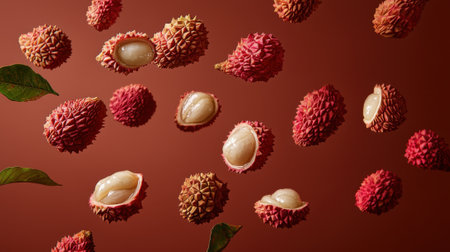 Lychees are suspended in mid-air, showcasing their textured red skin and juicy white flesh, surrounded by green leaves against a warm brown background, creating a lively and colorful display.の素材