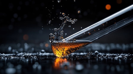A test tube tilts, releasing a vibrant orange liquid that creates splashes against a dark background. Water droplets dance around, emphasizing the dynamic interaction of the substances.の素材