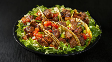 A platter showcases multiple beef tacos filled with diced vegetables and garnished with fresh salsa, presented on a bed of crisp lettuce in a relaxed dining setting.の素材