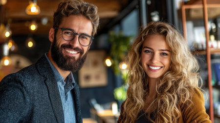 A stylish couple poses together in a warm cafe, radiating joy and confidence. Sunlight filters through the window, enhancing the friendly atmosphere.の素材