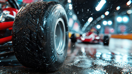 A wet racing tire stands prominently in focus, with droplets glistening. The background features blurred cars and vibrant lights, suggesting a thrilling motorsport atmosphere.の素材
