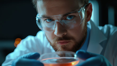 A focused young scientist examines a petri dish filled with a vibrant substance in a well-equipped laboratory. He wears safety goggles and blue gloves, showcasing dedication to his research.の素材
